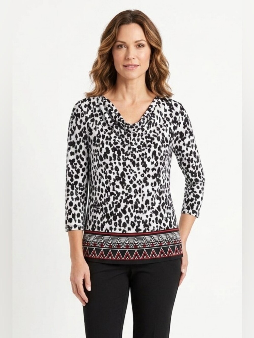 Ruby Rd. Black and White Leopard Print Cowl-Neck Top with Geo Hem Size S